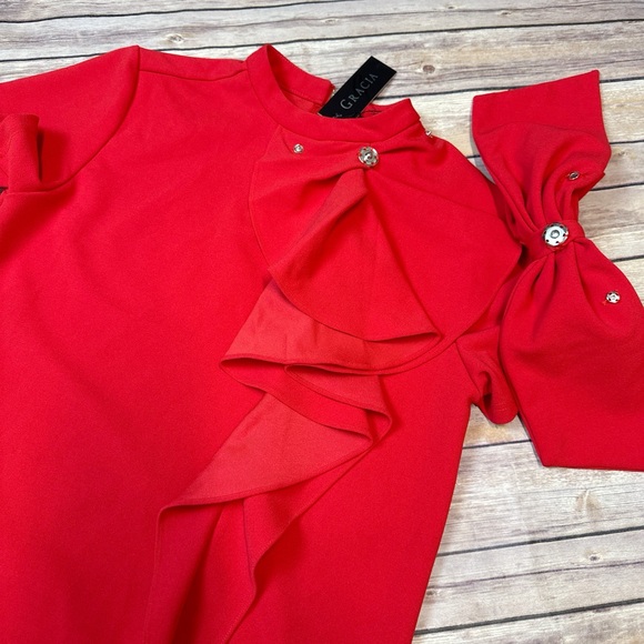 Gracia Women’s Big Shoulder Bow & Ruffles Shift Dress In Red Size S - Picture 4 of 6